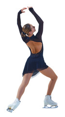 Graceful and talented young girl, figure skater in black stage costume in motion, dancing isolated on transparent background. Concept of professional sport, performance © master1305