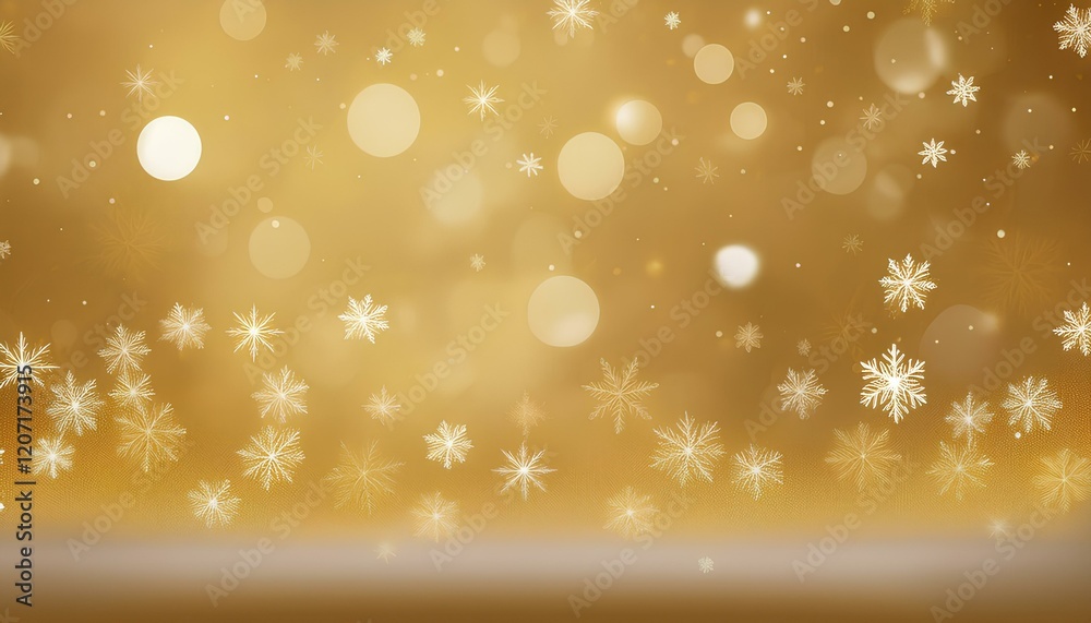 Poster snowflakes on blurred golden background with copy space