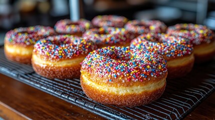 Bakery display; rainbow sprinkles donuts, cooling rack, close-up