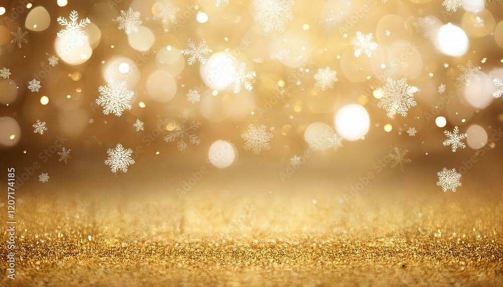 Poster snowflakes on blurred golden background with copy space