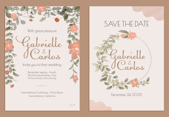 Wedding Invitation Watercolor Design, Rustic Wedding Style, Plants and Flowers