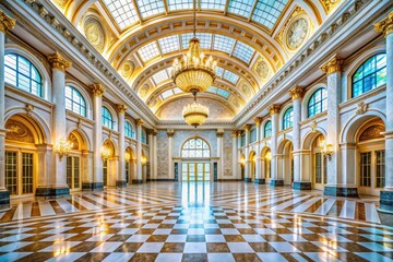 Fototapeta premium Elegant grand hall features a white marble floor, coffered ceiling, arched windows, and minimalist design.