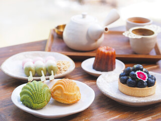 Japanese bakery and hot tea set at cafe.