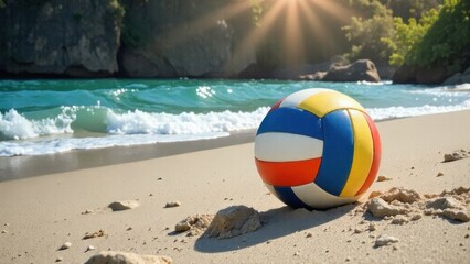 Obraz premium Colorful beach volleyball resting on the sand by the ocean waves at sunset