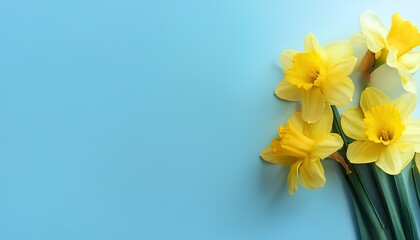 Obraz premium Yellow narcissus flower on blue pastel background with space. yellow dafodil flowers. 