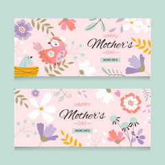 Two greeting cards for mom. Happy Mother's Day. Banners decorated with vector flowers and birds in folk style. Vector illustration. Spring poster	
