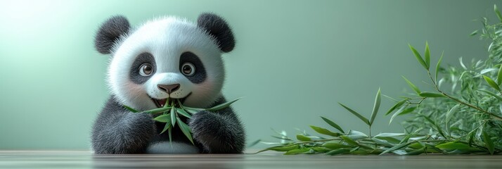 Naklejka premium Adorable Panda Cub Enjoying a Bamboo Feast