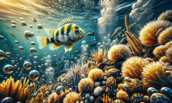 Unter Wasser im Ozean, Meerestiere schwimmen, Luftblasen steigen hoch, Wasserpflanzen bl&uuml;hen, ein einzelner glbe-schwarzer Buntbarsch schwimmt vorbei