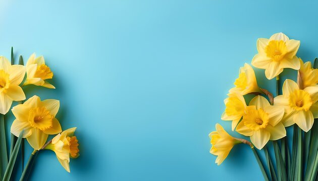 Yellow narcissus flower on blue pastel background with space. yellow dafodil flowers. 