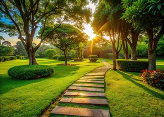 Obraz premium Evening light illuminates a laterite path, ficus canopy over lush lawn, rule of thirds captured.