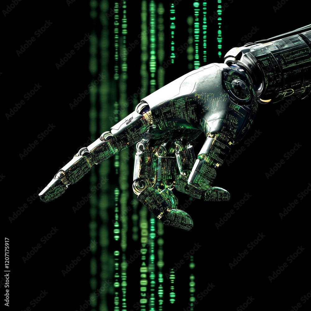 Poster Robotic hand pointing at digital code stream.