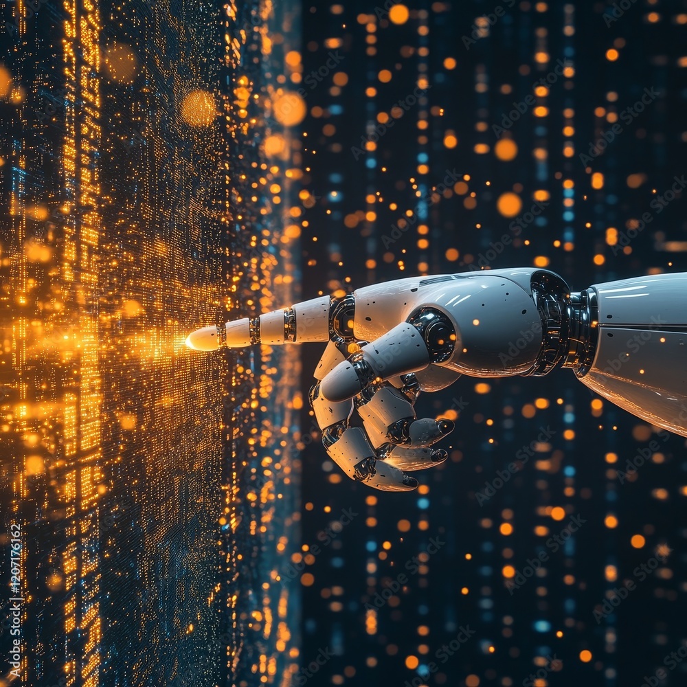 Poster Robotic fingertip touches glowing digital data.