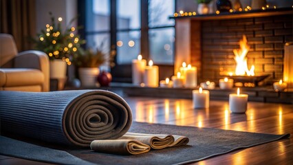 Cozy yoga space by the fireplace with candles and rolled mat