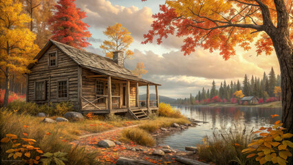 Obraz premium The autumn scene depicts a cozy wooden hut located on the shore of a calm lake. Around the house are trees with golden and bright red leaves.