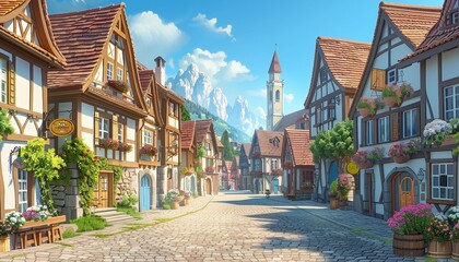 Obraz premium A picturesque cobblestone street lined with charming houses in a quaint European village, with a backdrop of snow-capped mountains and a clear blue sky.