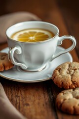 Warm lemon tea and buttery cookies on a rustic wooden table. A perfect moment of cozy comfort.