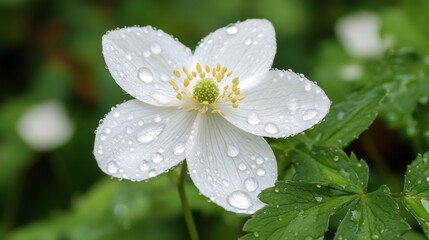 Obraz premium A delicate white flower with dew drops on its petals, set against a blurred natural background of leaves and greenery.