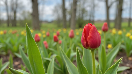 Single red tulip in a colorful spring meadow