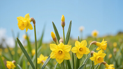Obraz premium Yellow daffodils blooming under a blue sky in spring 