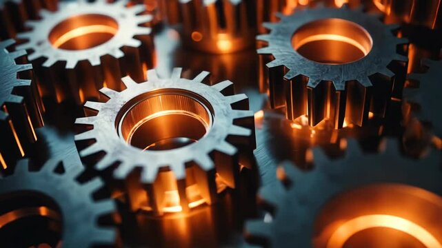 Close up of a bunch of gears with a bright orange glow. The gears are all different sizes and are all connected to each other