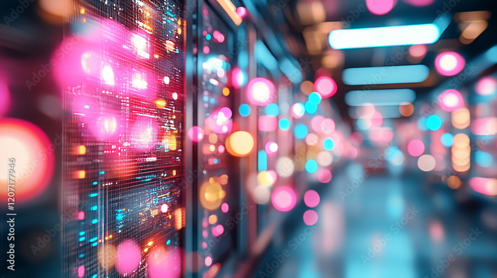 Poster Abstract Digital Background with Colorful Bokeh and Server Racks