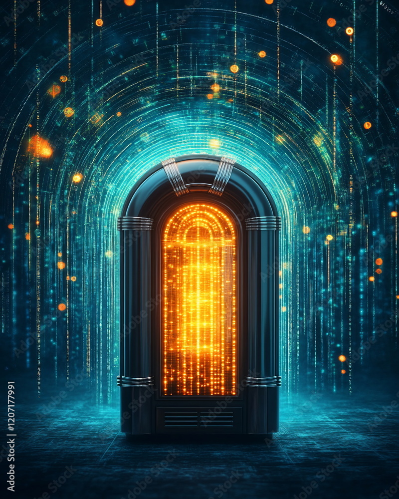 Poster retro jukebox with glowing lights in a futuristic digital setting