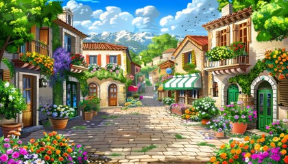 Fototapeta premium A charming cobblestone street winds through a picturesque village, lined with quaint houses adorned with vibrant flowers and greenery, creating a serene and inviting atmosphere. 