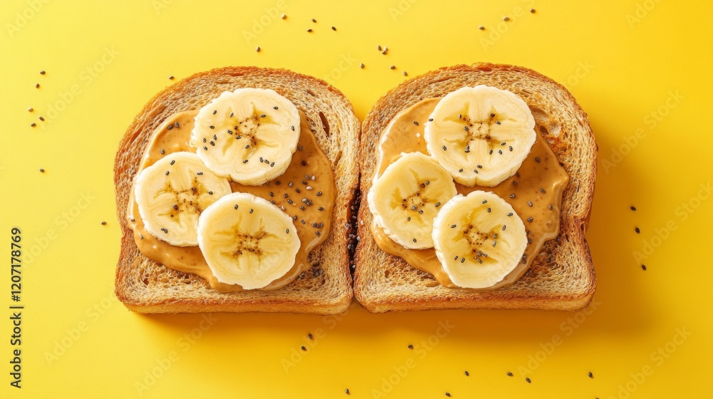 Poster a delightful image of toast with peanut butter and banana slices, sprinkled with chia seeds, arrange