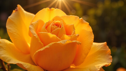 Naklejka premium Golden yellow rose illuminated by sunlight