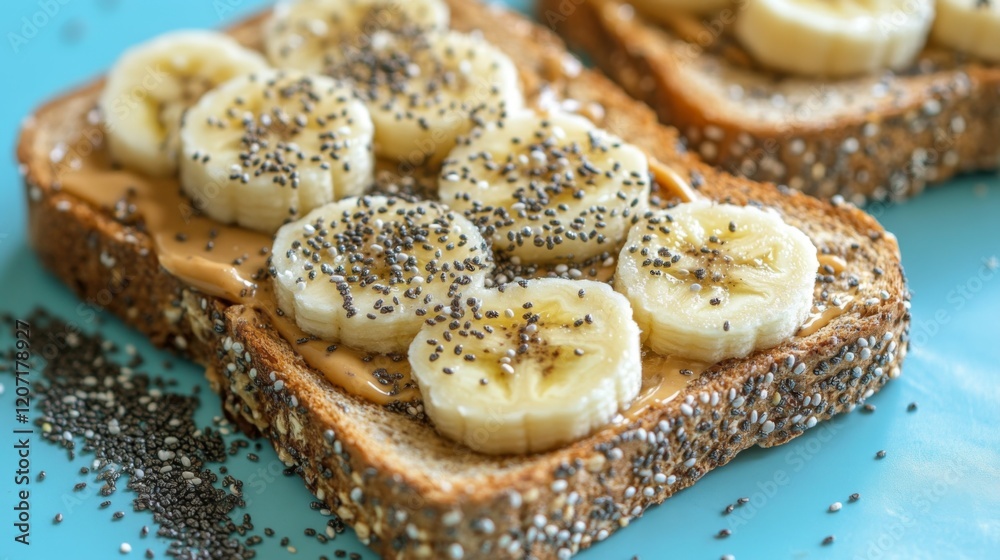 Poster a delightful image of toast with peanut butter and banana slices, sprinkled with chia seeds, arrange