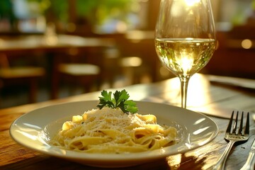 Creamy pasta dish with parmesan cheese and parsley garnish, served with a glass of white wine in a restaurant setting.