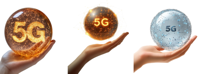 Three hands hold glowing 5G network orbs;  futuristic technology concept. On transparent background