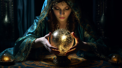 A fortune teller gazing into a crystal ball in a mystical setting, surrounded by a mysterious atmosphere and soft lighting