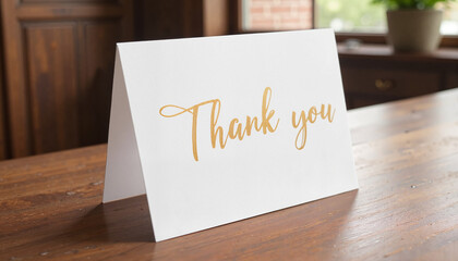 Elegant thank you card with golden script displayed on a wooden table in a warm setting
