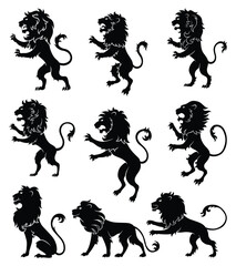 Set of heraldic lions silhouette. Black lion in flat style. Heraldic icons, symbols and design elements isolated on white background. Vector illustration