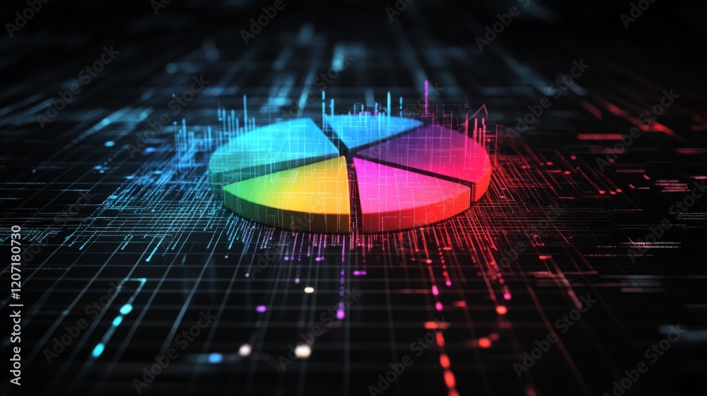 Aufkleber A digital pie chart with multicolored segments, glowing slightly against a dark grid background, conveying a high-tech financial data concept