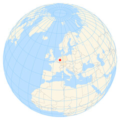Map showing the location of the city Duisburg in Germany (Western Europe) on the earth globe.
