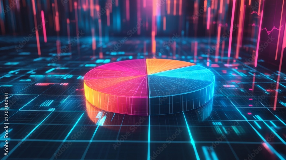 Aufkleber a digital pie chart with multicolored segments, glowing slightly against a dark grid background, con