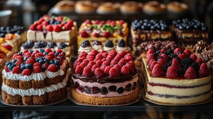 A delightful display of assorted cakes, each adorned with fresh, vibrant berries.  A feast for the eyes and a tempting treat for any occasion.