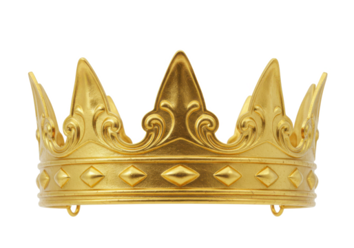 golden crown with intricate detailing and rounded tips isolated on white background