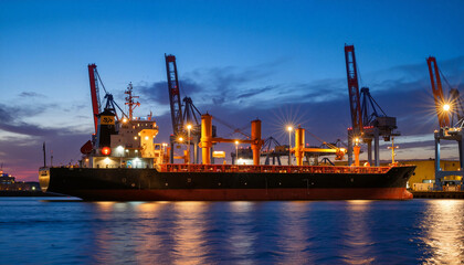Obraz premium Cargo ship docked at harbor during twilight, industrial atmosphere