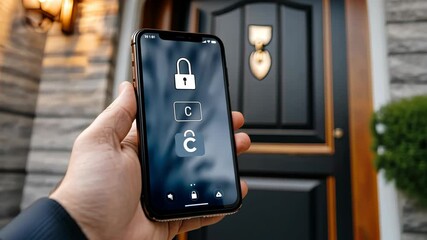A person uses a smartphone app to unlock a smart door lock, showcasing modern technology in home security