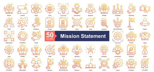 Fototapeta premium Mission Statement Icon Collection Set.Containing Mission, Purpose, Values, Vision, Core Focus, Commitment, Statement, Strategy icon. Simple line gradient style Vector Illustration.