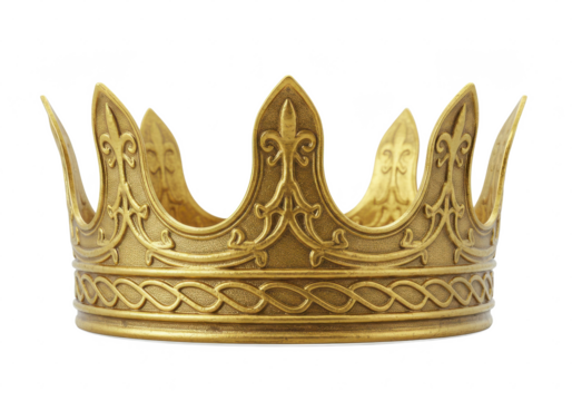 golden crown with intricate detailing and rounded tips isolated on white background