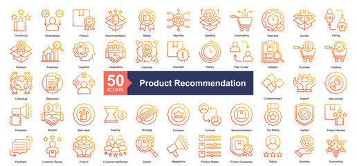 Product Recommendation Icon Collection Set.Containing Personalized, Product, Recommendation, Badge, Algorithm, Upselling, Cross selling, Real time icon. Simple line gradient style Vector Illustration.