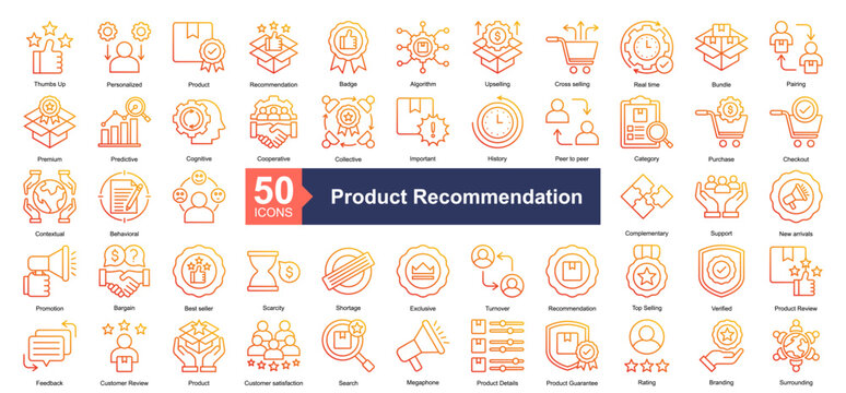 Product Recommendation Icon Collection Set.Containing Personalized, Product, Recommendation, Badge, Algorithm, Upselling, Cross selling, Real time icon. Simple line gradient style Vector Illustration.