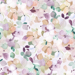 Inflorescence hydrangea randomly arranged in seamless floral pattern, delicate watercolor illustration in vintage style for textile, wallpapers or background.