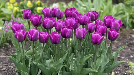 Obraz premium A cluster of vibrant purple tulips blooms gracefully in the warm sunlight, their petals glowing in the serene beauty of a spring garden.