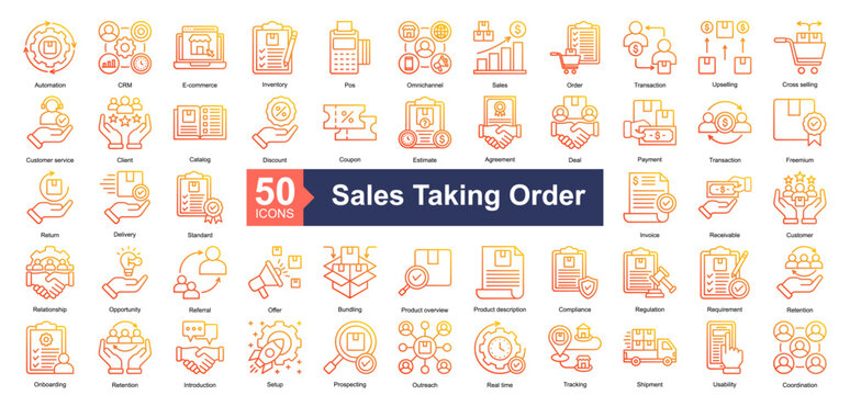 Sales Taking Order Icon Collection Set.Containing Automation, CRM, E-commerce, Inventory, Pos Terminal, Omnichannel, Sales icon. Simple line gradient style Vector Illustration.	