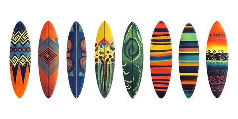 A set of surfboards with colorful patterns, isolated on a white background.